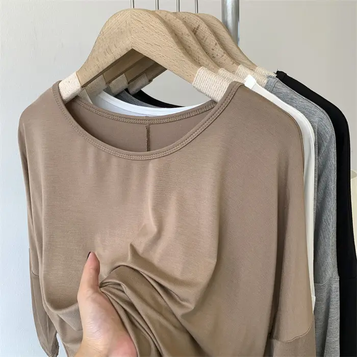 Women's White Modal T-Shirt Mid Length Loose Sleeves — feature 12