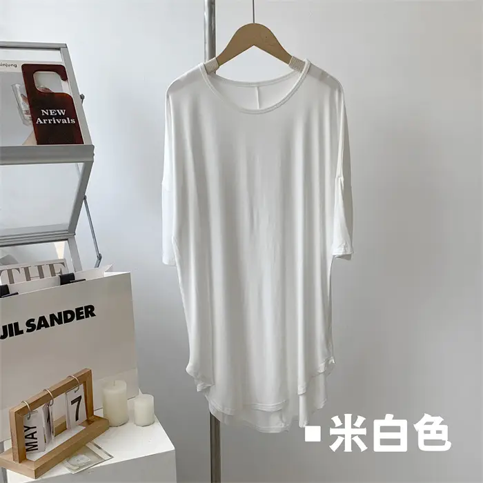 Women's White Modal T-Shirt Mid Length Loose Sleeves — feature 21