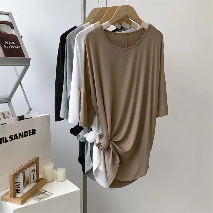 Women's White Modal T-Shirt Mid Length Loose Sleeves — feature 6