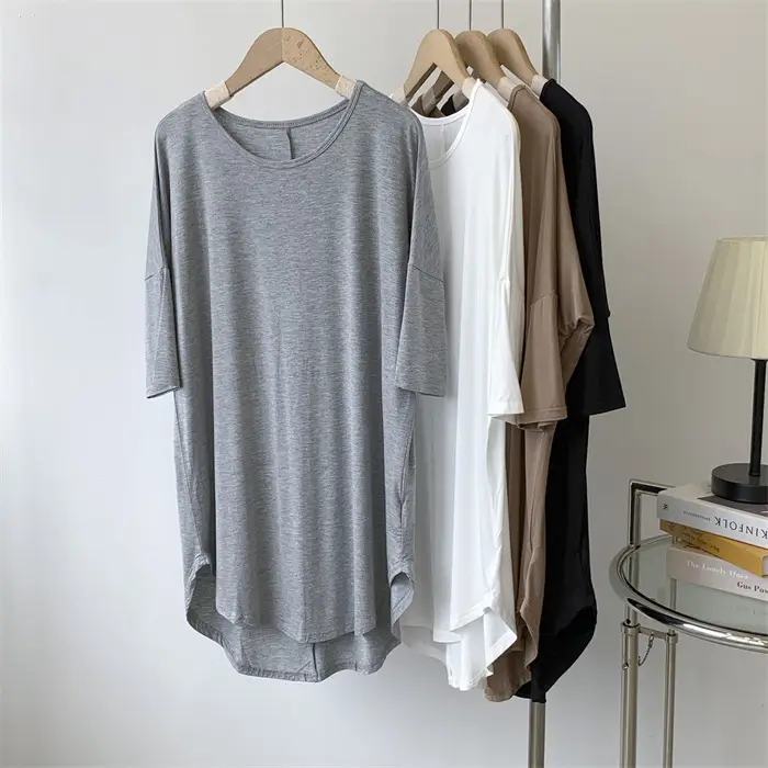 Women's White Modal T-Shirt Mid Length Loose Sleeves — feature 8