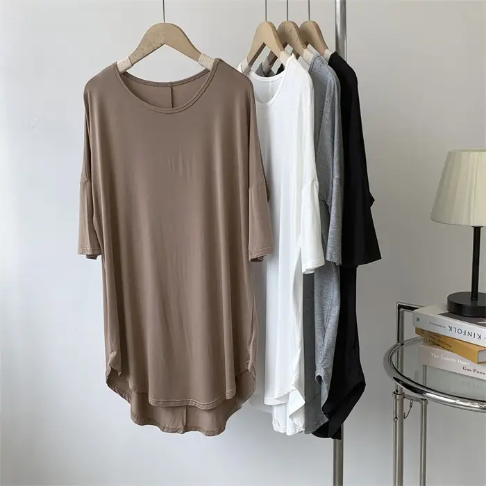 Women's White Modal T-Shirt Mid Length Loose Sleeves — feature 9