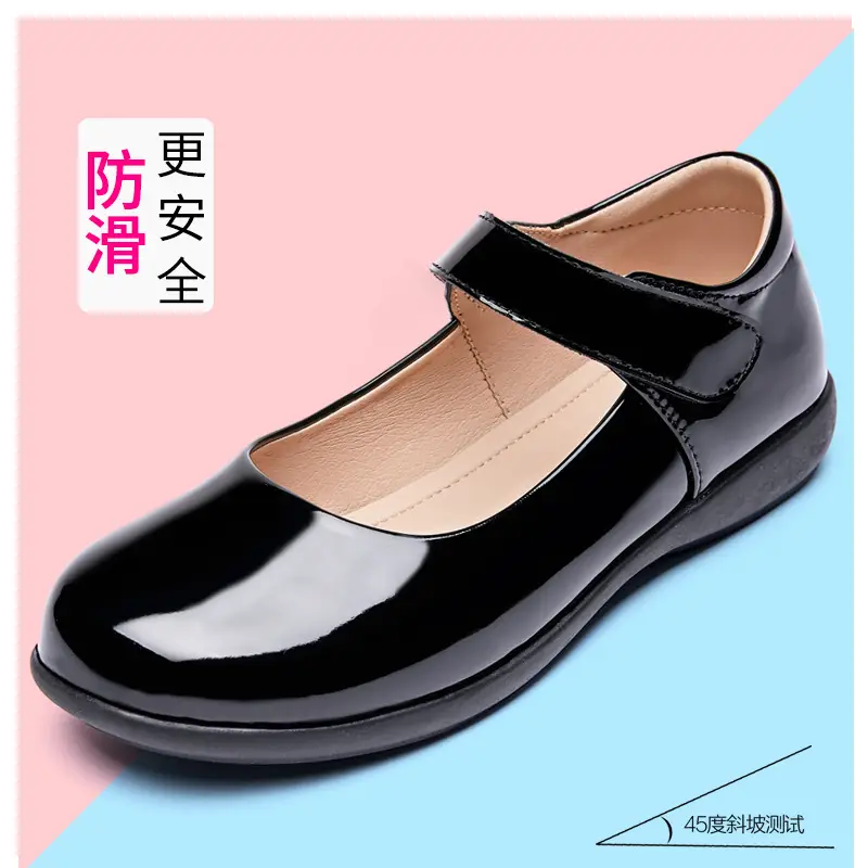 Girls' Leather Shoes, Children's Flower Girl Shoes, Student Black Flats, Ceremonial Shoes, School Shoes, Velcro Low-Heeled School Style Shoes