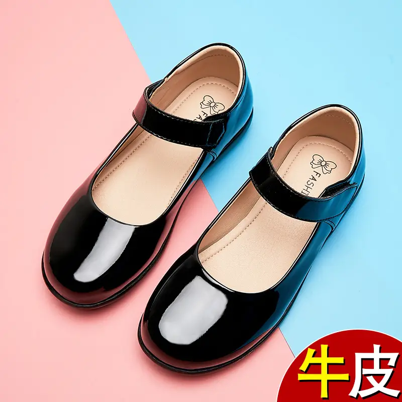 Girls' Leather Shoes, Children's Flower Girl Shoes, Student Black Flats, Ceremonial Shoes, School Shoes, Velcro Low-Heeled School Style Shoes