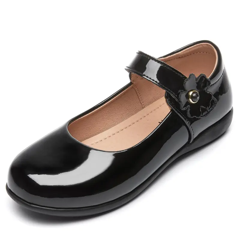 Girls' Leather Shoes, Children's Flower Girl Shoes, Student Black Flats, Ceremonial Shoes, School Shoes, Velcro Low-Heeled School Style Shoes