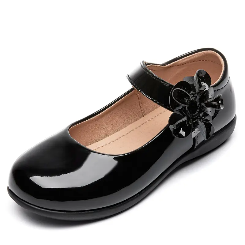 Girls' Leather Shoes, Children's Flower Girl Shoes, Student Black Flats, Ceremonial Shoes, School Shoes, Velcro Low-Heeled School Style Shoes