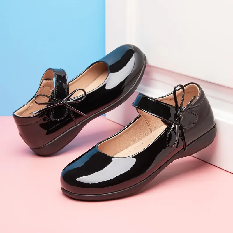 Girls' Leather Shoes, Children's Flower Girl Shoes, Student Black Flats, Ceremonial Shoes, School Shoes, Velcro Low-Heeled School Style Shoes