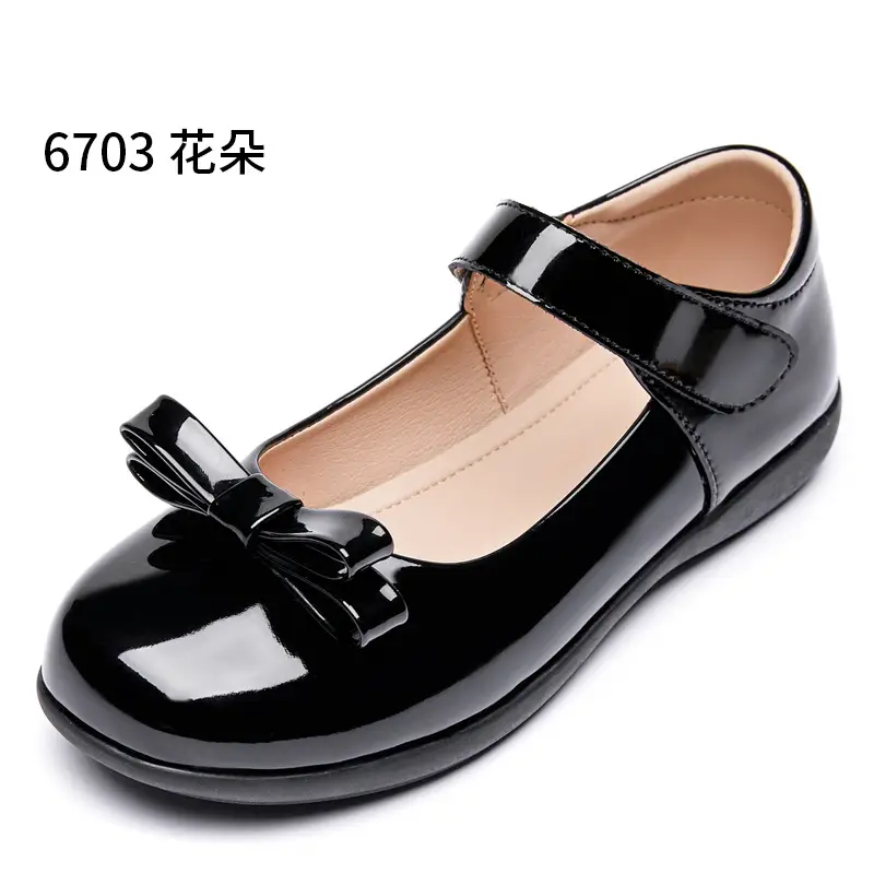 Girls' Leather Shoes, Children's Flower Girl Shoes, Student Black Flats, Ceremonial Shoes, School Shoes, Velcro Low-Heeled School Style Shoes