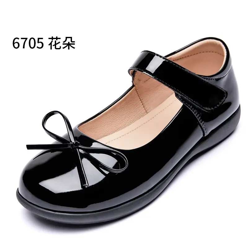 Girls' Leather Shoes, Children's Flower Girl Shoes, Student Black Flats, Ceremonial Shoes, School Shoes, Velcro Low-Heeled School Style Shoes