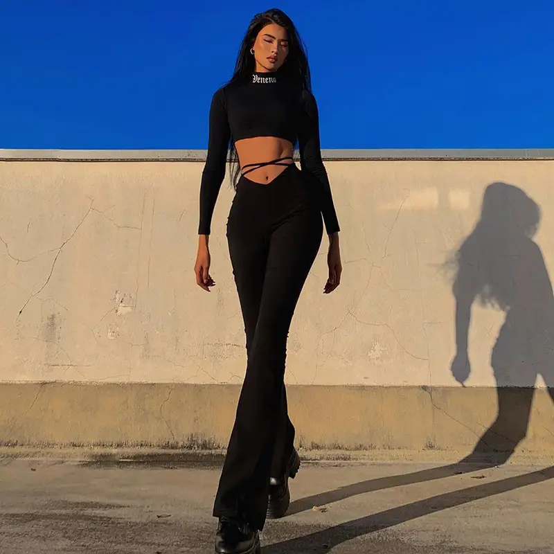 Black V-Neck Casual Pants with Cross Strap - Image 3