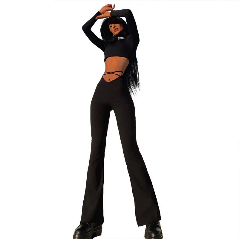 Black V-Neck Casual Pants with Cross Strap — feature 12