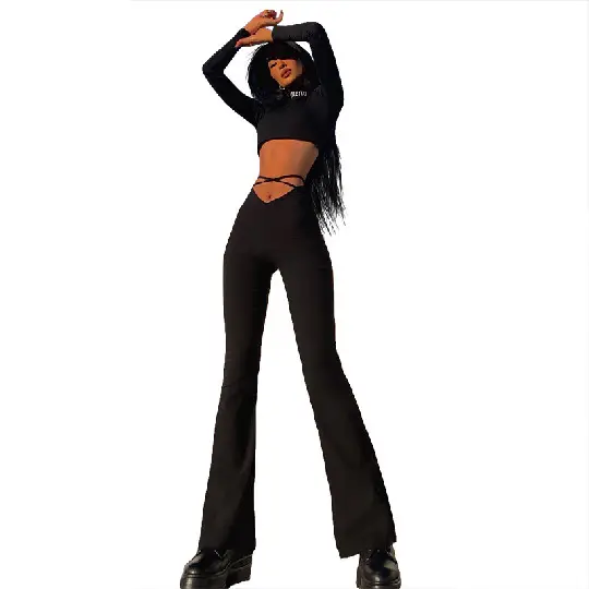 Black V-Neck Casual Pants with Cross Strap — feature 13