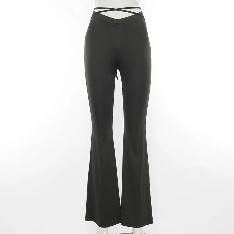 Black V-Neck Casual Pants with Cross Strap — feature 17