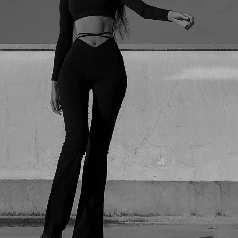 Black V-Neck Casual Pants with Cross Strap — feature 9
