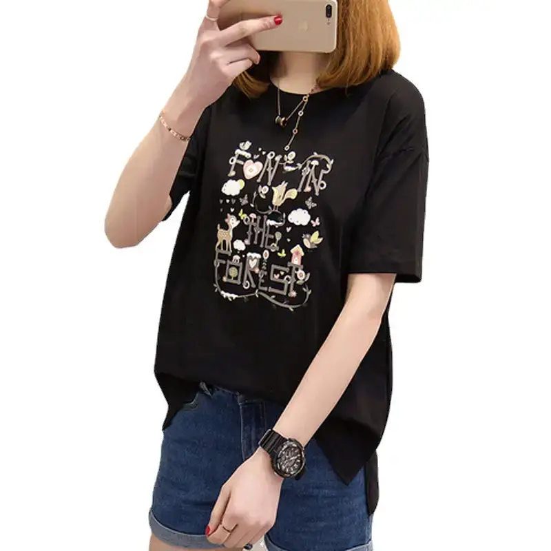 Black Printed Korean Style T-Shirt for Women - Image 6