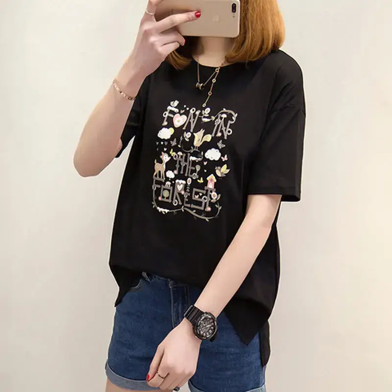 Black Printed Korean Style T-Shirt for Women - Image 4