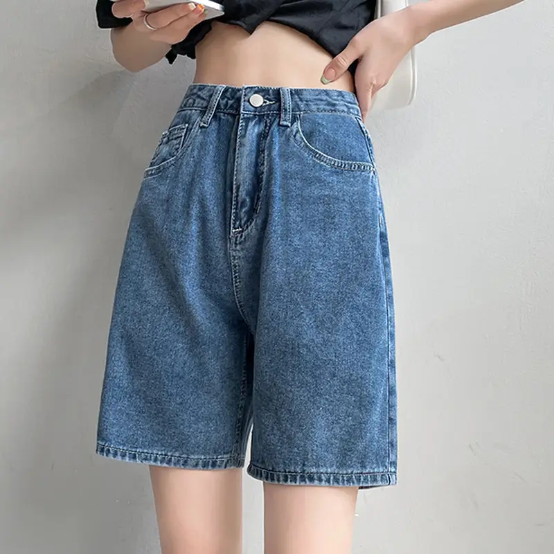 Women Denim Shorts High Waist Wide Leg Slimming