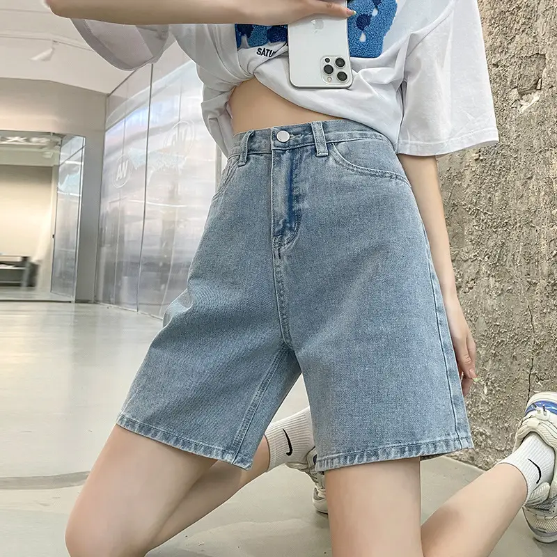 Women Denim Shorts High Waist Wide Leg Slimming