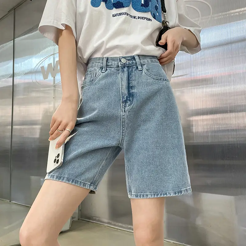 Women Denim Shorts High Waist Wide Leg Slimming