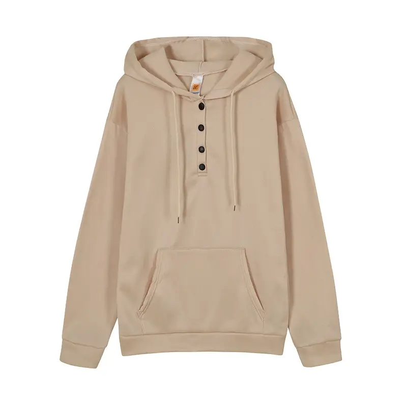 Women's Beige Long Sleeve Hooded Sweatshirt with Front Pocket - Image 6