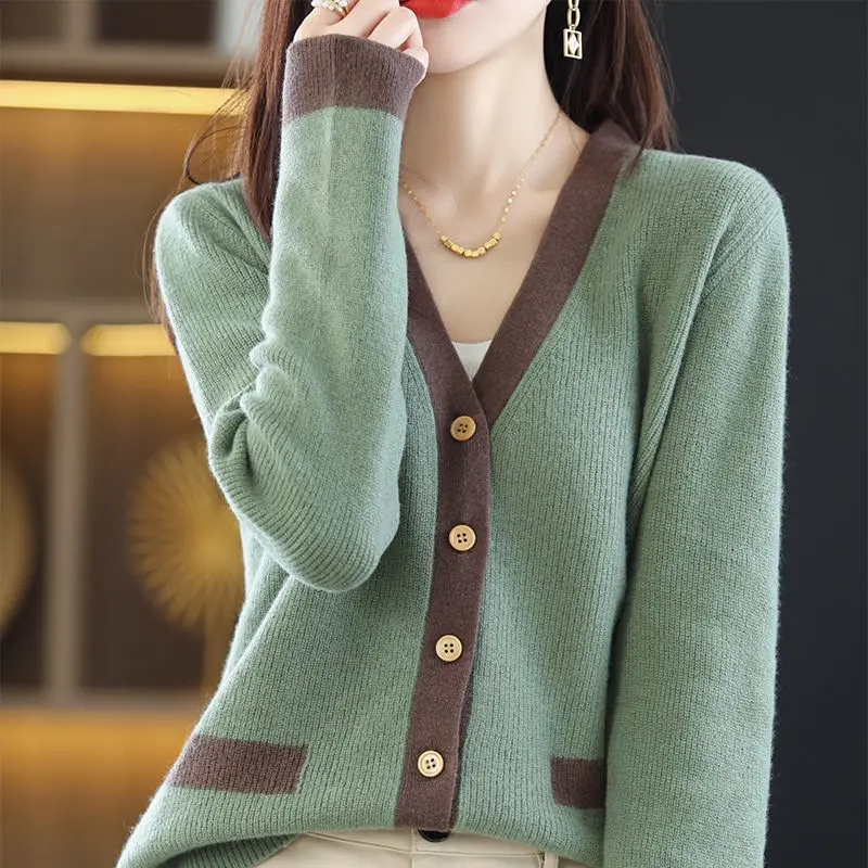 Women Green V-Neck Sweater Jacket 2023 Autumn - Image 5