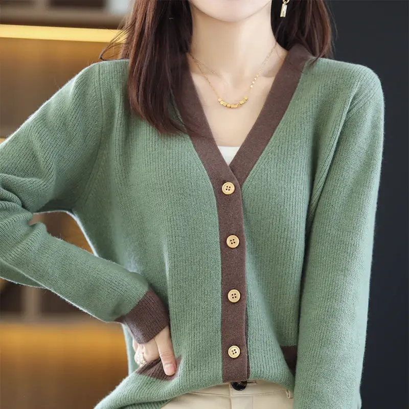 Women Green V-Neck Sweater Jacket 2023 Autumn - Image 7