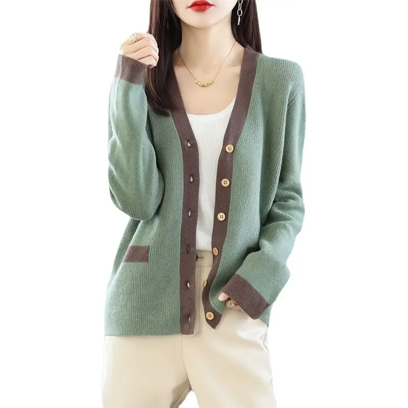 Women Green V-Neck Sweater Jacket 2023 Autumn - Image 8