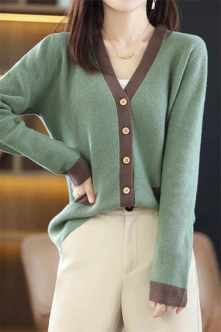Women Green V-Neck Sweater Jacket 2023 Autumn — feature 15