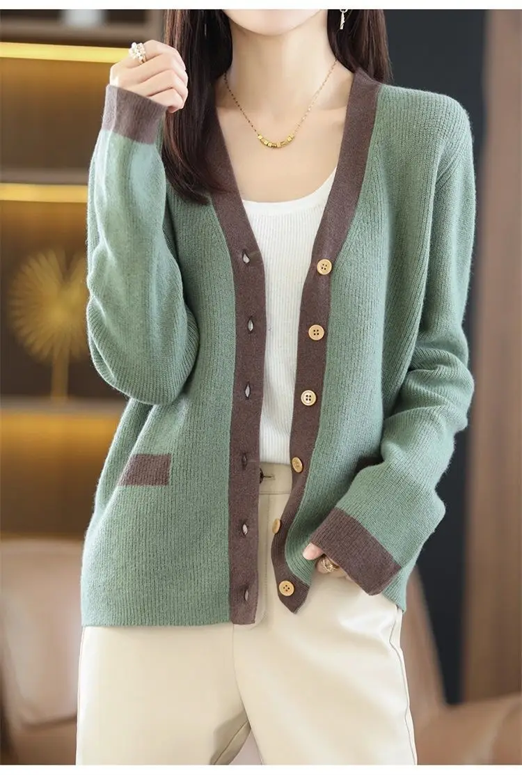 Women Green V-Neck Sweater Jacket 2023 Autumn — feature 16