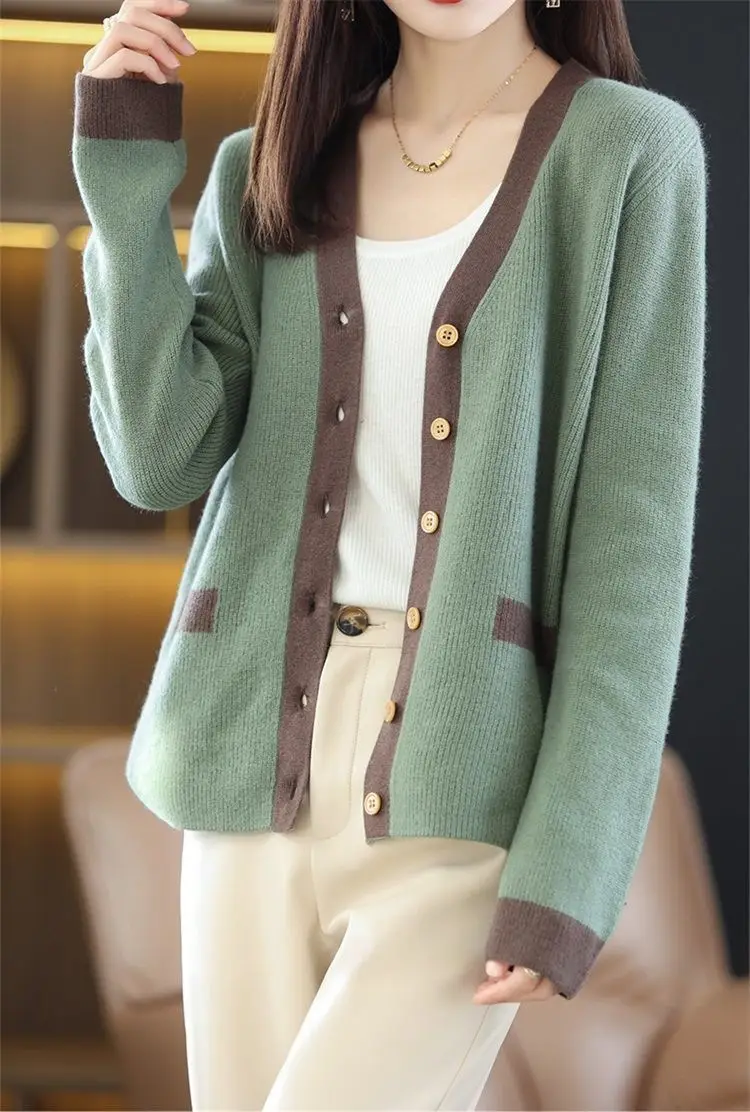 Women Green V-Neck Sweater Jacket 2023 Autumn — feature 17