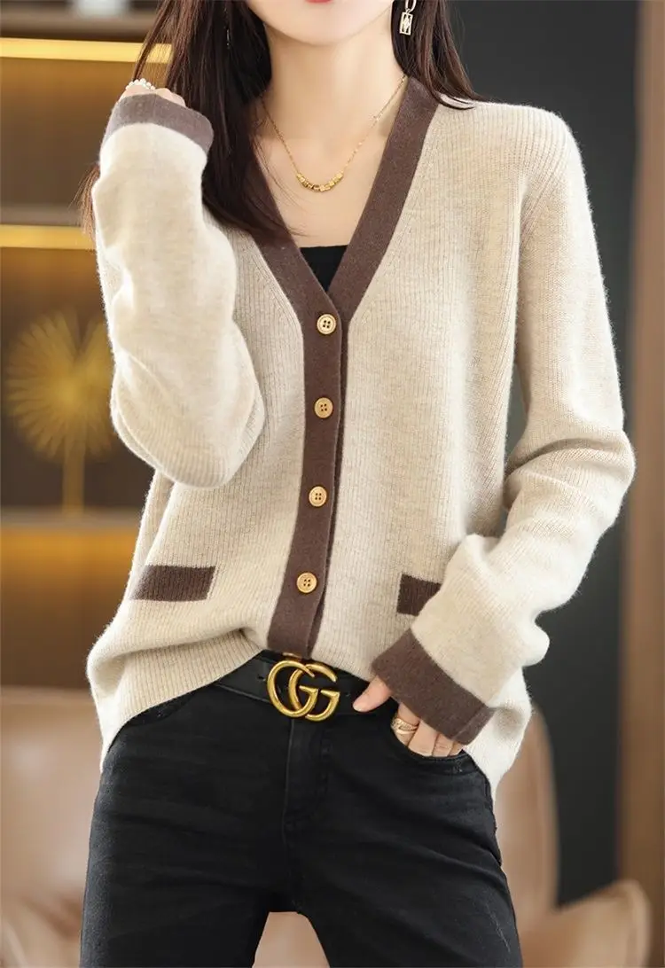 Women Green V-Neck Sweater Jacket 2023 Autumn — feature 18