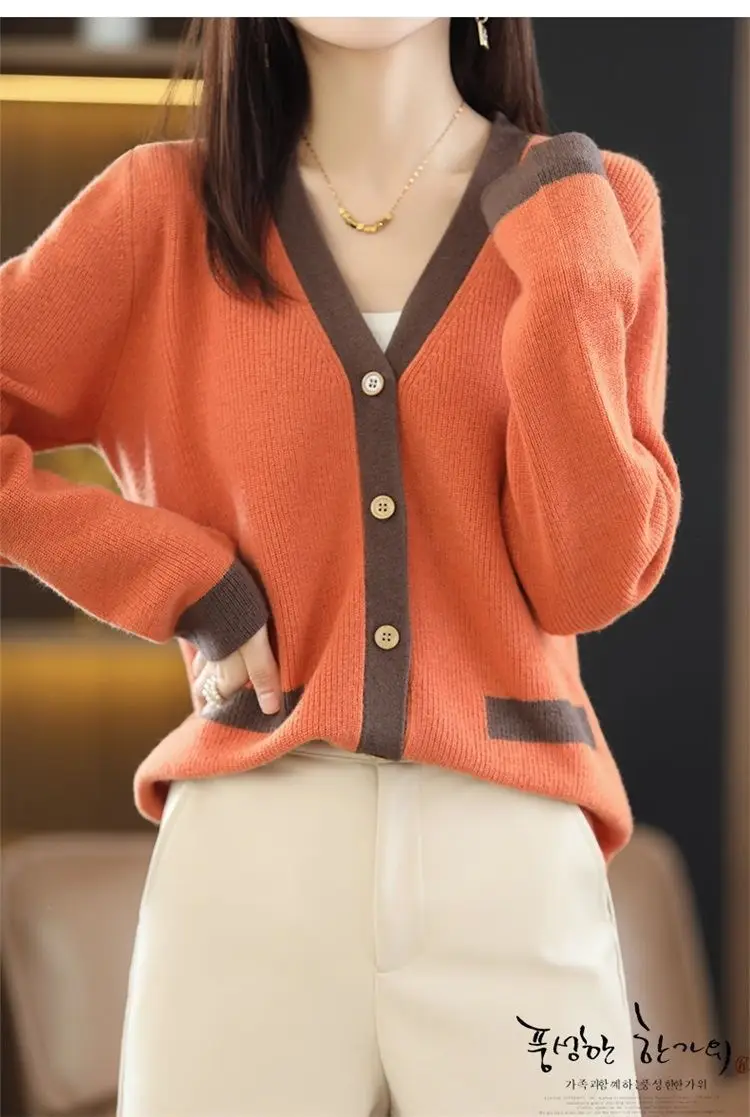 Women Green V-Neck Sweater Jacket 2023 Autumn — feature 4