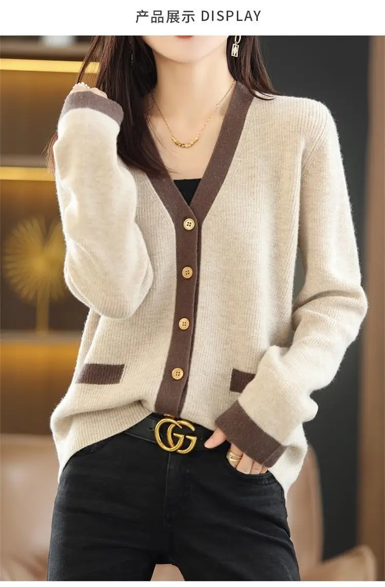 Women Green V-Neck Sweater Jacket 2023 Autumn — feature 6