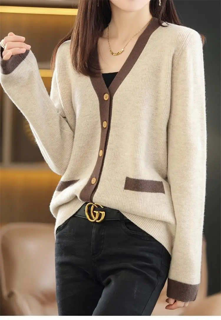 Women Green V-Neck Sweater Jacket 2023 Autumn — feature 9