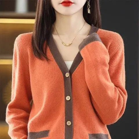 Women Green V-Neck Sweater Jacket 2023 Autumn - Image 2