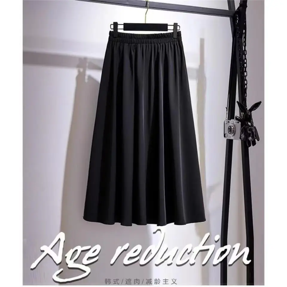 Black A-Line Skirt Women Medium High Waist Pleated — feature 2