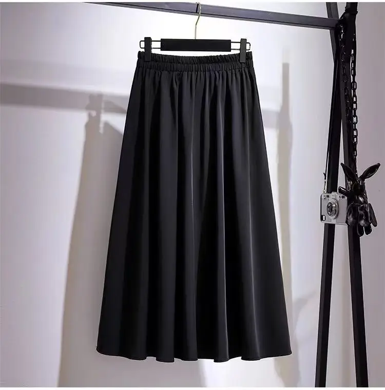 Black A-Line Skirt Women Medium High Waist Pleated — feature 7