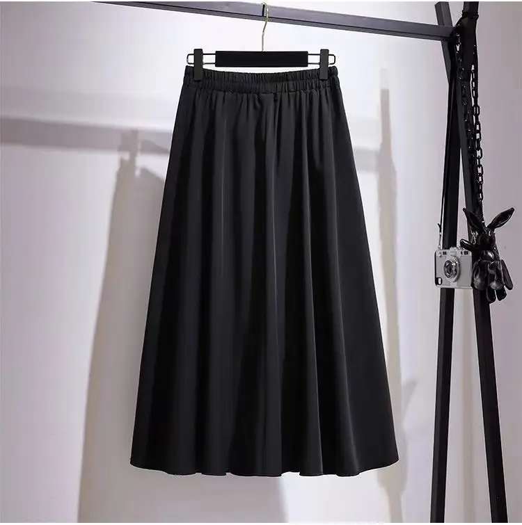 Black A-Line Skirt Women Medium High Waist Pleated — feature 9