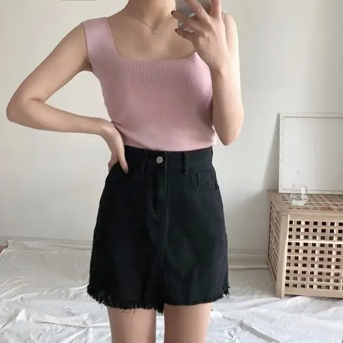 Women Knitted Ice Silk Vest Black Short Sleeve Summer Wear - Image 2