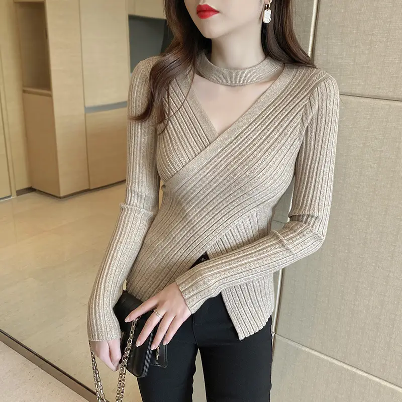 Black Cross V Neck Woolen Sweater for Women - Image 6