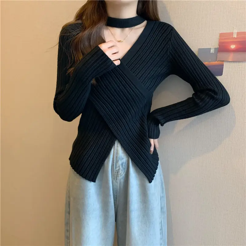 Black Cross V Neck Woolen Sweater for Women - Image 7