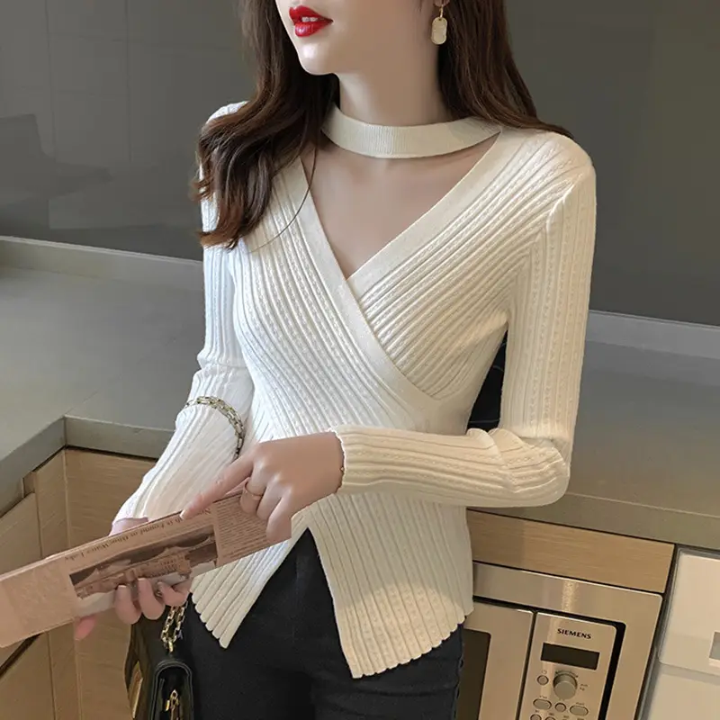 Black Cross V Neck Woolen Sweater for Women - Image 8