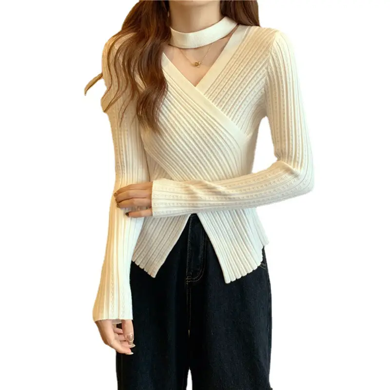 Black Cross V Neck Woolen Sweater for Women - Image 9