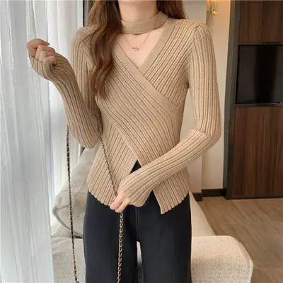 Black Cross V Neck Woolen Sweater for Women - Image 3