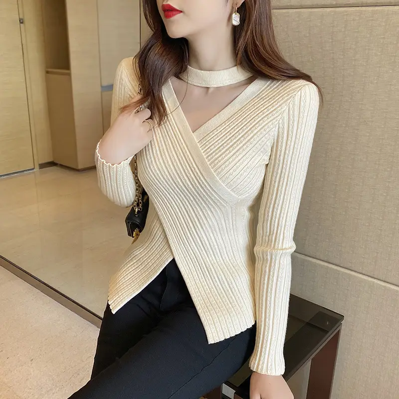 Black Cross V Neck Woolen Sweater for Women - Image 4