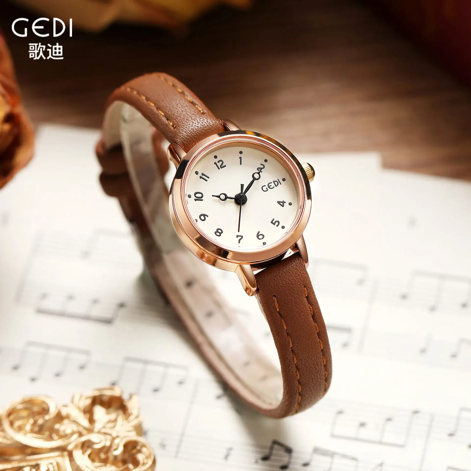 Women's Gold Plated Quartz Watch with Leather Belt - Image 6