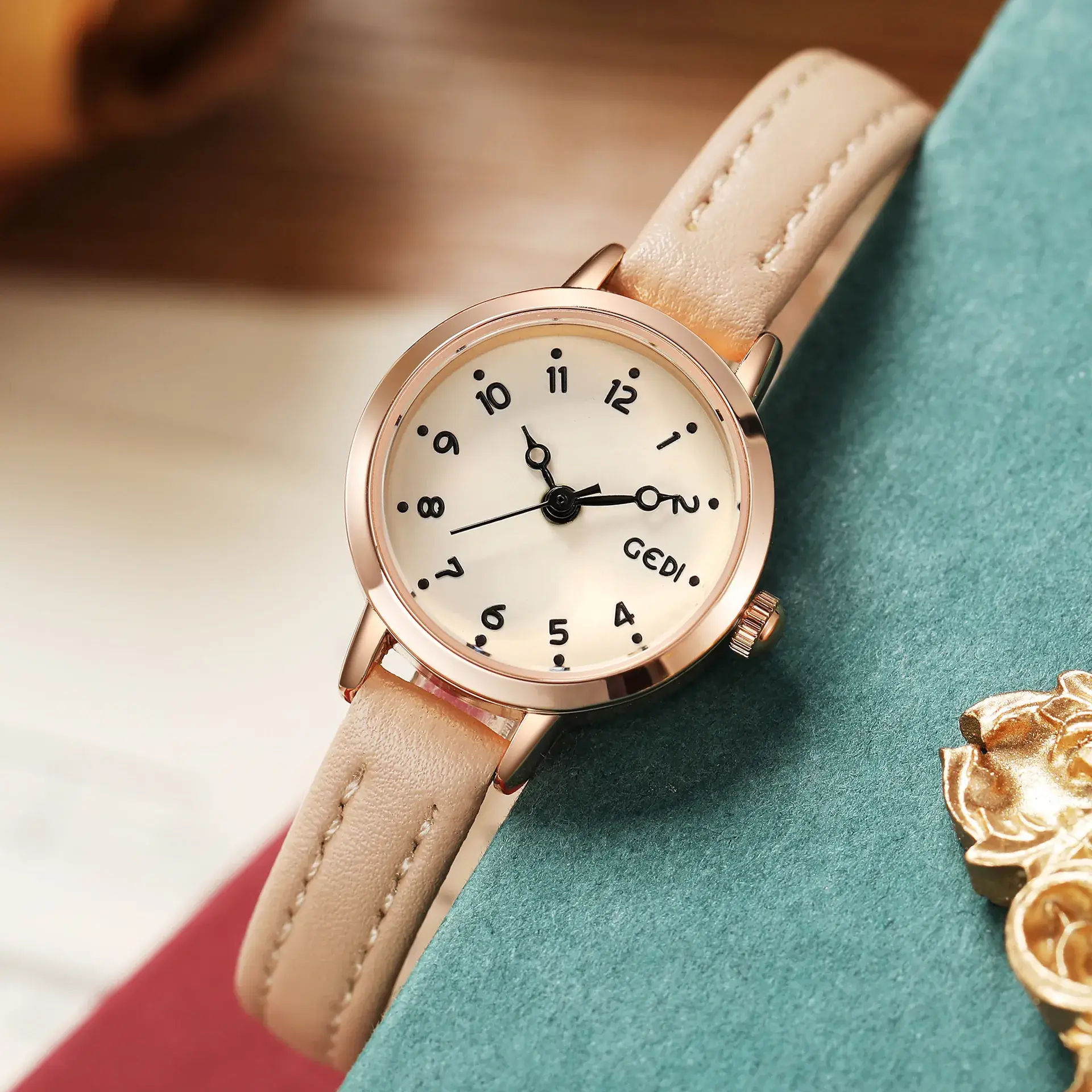 Women's Gold Plated Quartz Watch with Leather Belt - Image 8