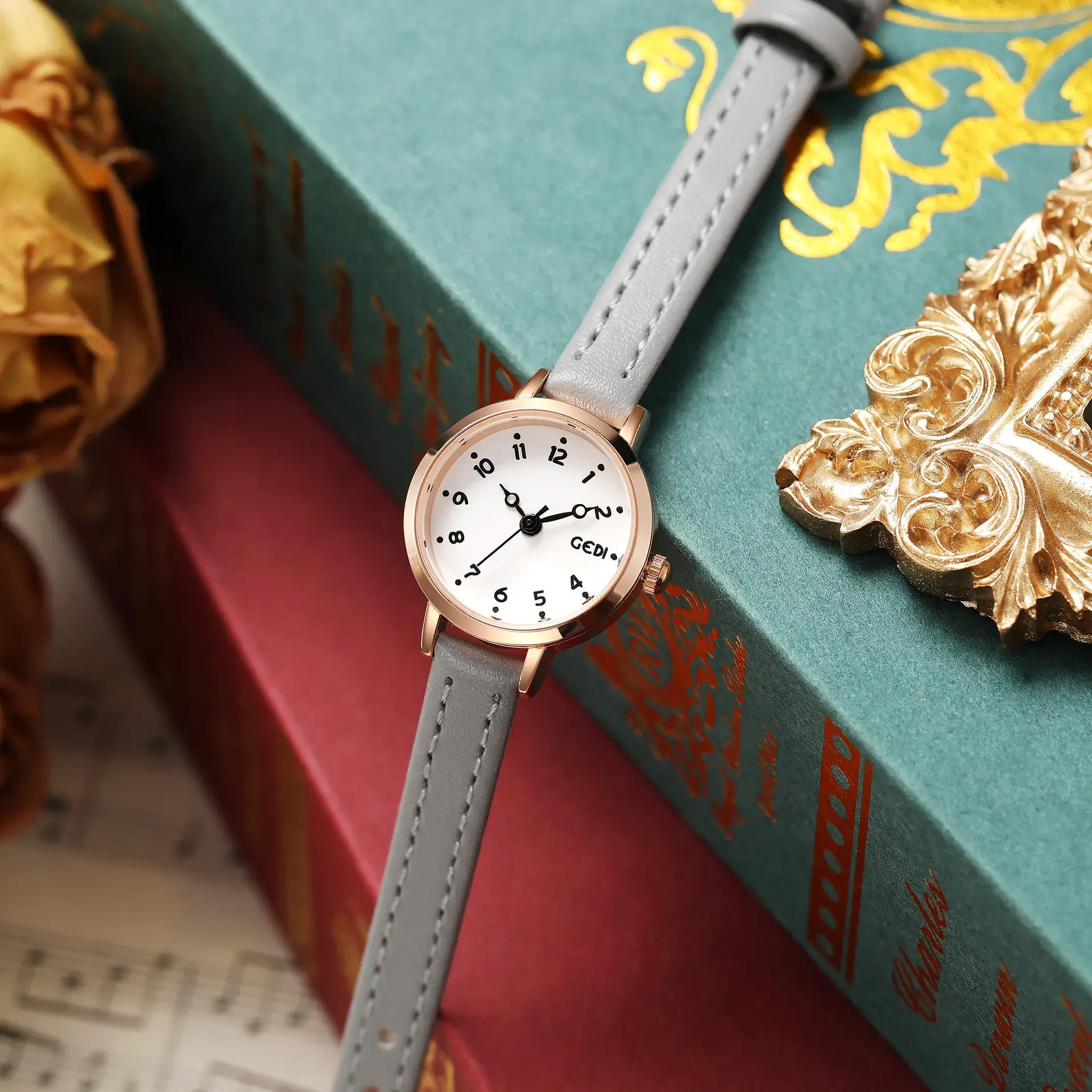 Women's Gold Plated Quartz Watch with Leather Belt - Image 9