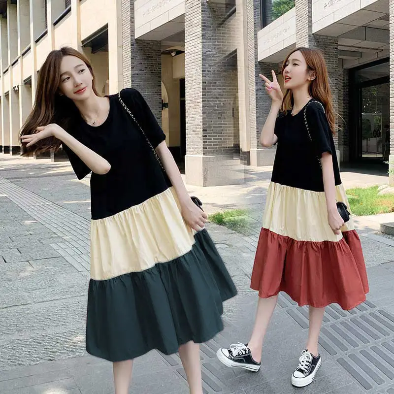 Maternity Summer Dress for Pregnant Mothers Color Block Short Sleeve - Image 4