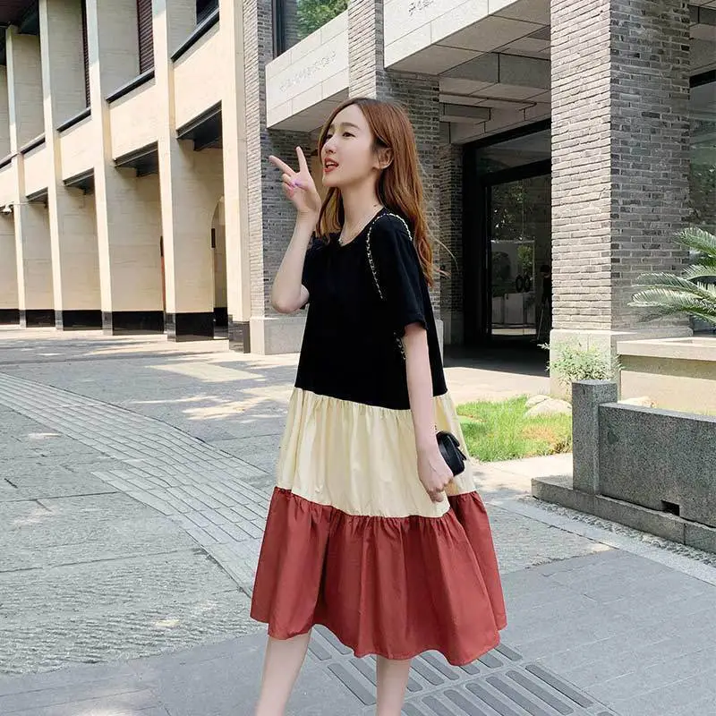 Maternity Summer Dress for Pregnant Mothers Color Block Short Sleeve - Image 5