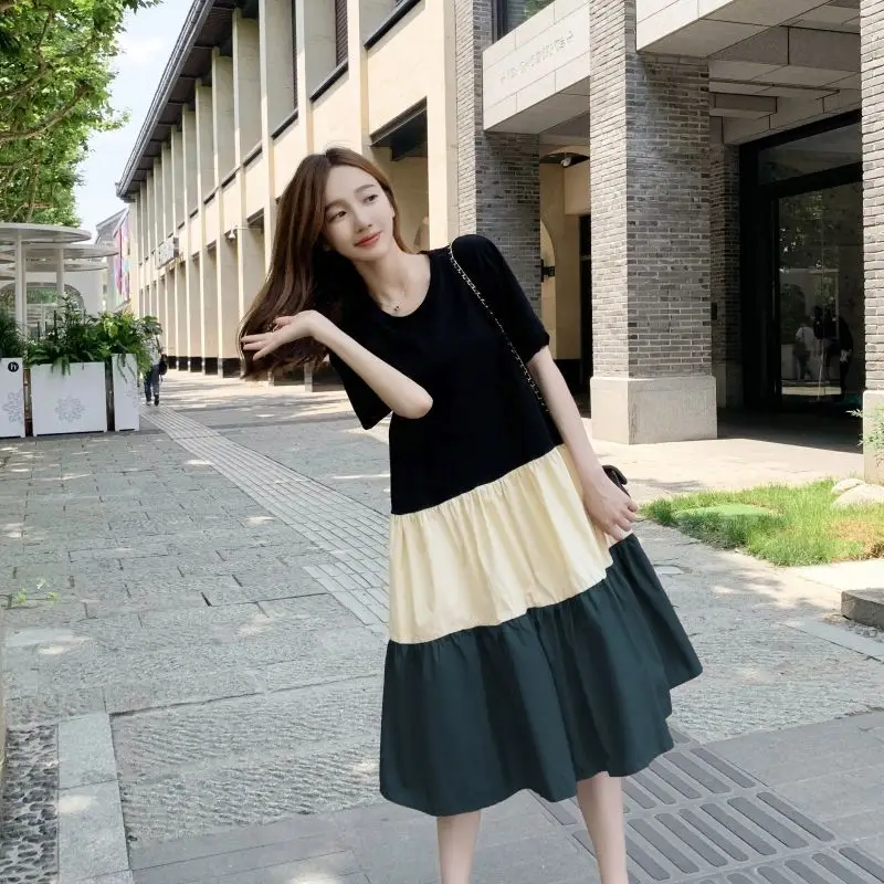 Maternity Summer Dress for Pregnant Mothers Color Block Short Sleeve - Image 6